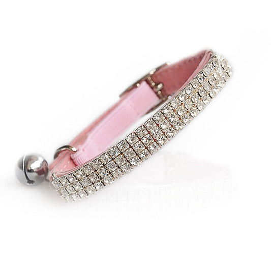 Leather Rhinestone Pet Collar With Bell